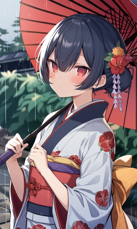 1girl, safe, morino rinze, solo, looking at viewer, blush, black hair, long sleeves, hair ornament, red eyes, holding, closed mouth, upper body, flower, outdoors, japanese clothes, hair flower, wide sleeves, kimono, hair bun, blurry, sash, blurry background, umbrella, obi, red flower, rain, holding umbrella, oil-paper umbrella