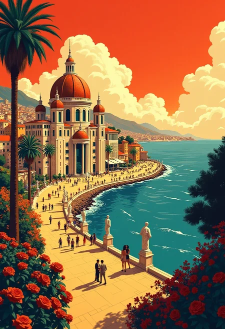 1940s vector art style book cover. Retro Italian city on the Mediterranean, with a promenade to the sea, with towering art deco structures, large spherical baroque domes, flowering plants, bright colours, busy streets, detailed crowds, intricate architecture, Frank R. Paul style, 1940s science fiction illustration, high contrast, bold lines, vibrant shades of red, orange and yellow, bright atmospheric sky, highly detailed, over the whole picture a title in the exact letters "Buon Ferragosto!"