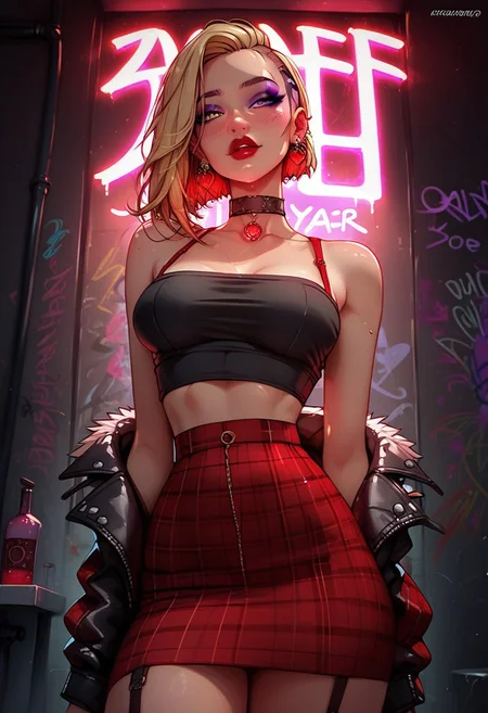 (score_9, score_8_up, score_7_up), 1girl, 18 year old, blonde, bobcut, ((black tubetop)), ((red plaid ((skirt)))), choker, ((red bra straps)), beautiful, red lipstick, purple eyeshadow, earrings,
cowboy shot, in the club bathroom, graffiti, empty drinks, grungy,
Expressiveh, KRKNK,g0th1c, glowing, neon lights,
