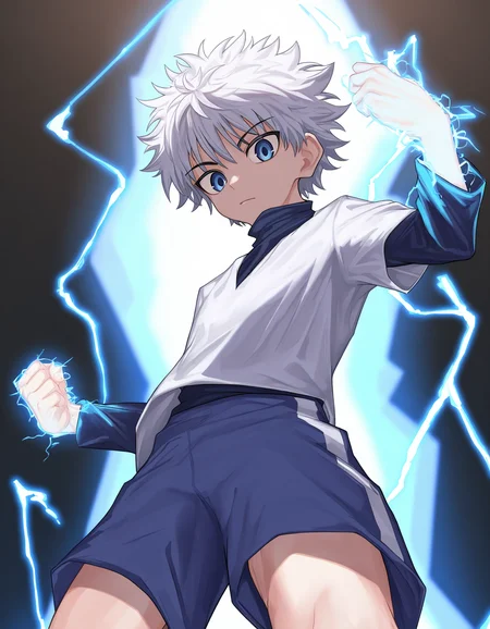 masterpiece, nayoshi-style, simple background, backlighting, depth of field, 1boy, solo, Killua Zoldyck, White hair, blue eyes, looking down at viewer, white shirt, blue shorts, electricity, glowing, spiked hair, power pose, clenched hand <lora:nayoshi-naixl_vpred-v5Ne-ShoAI:1>