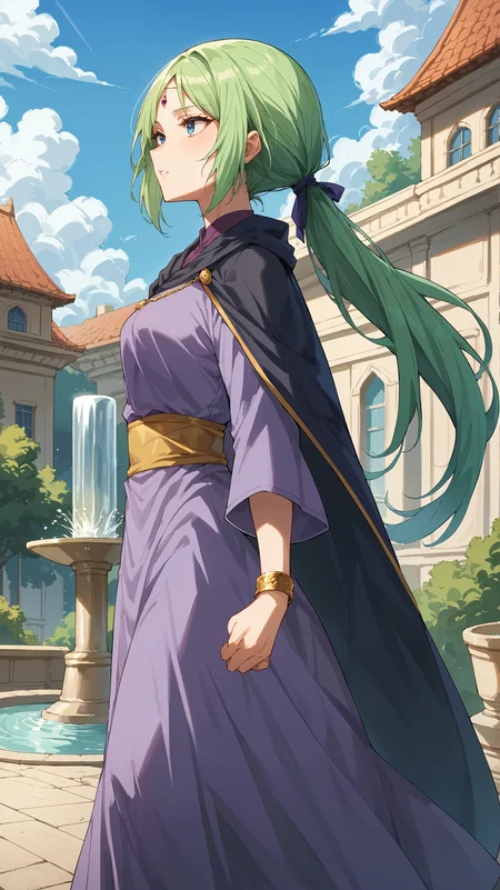 score_9,score_8_up,score_7_up,score_6_up, source_anime, zPDXL3, <lora:xl_more_art-full_v1:0.5>, woman, dynamic pose, head down, <lora:Mjurran - Pony-000004:0.8>, long dress, purple dress, long sleeves, long cape, green hair, ponytail, gold bracelet, blue eyes, purple forehead jewel, yellow waist sash, fountain, city park,
