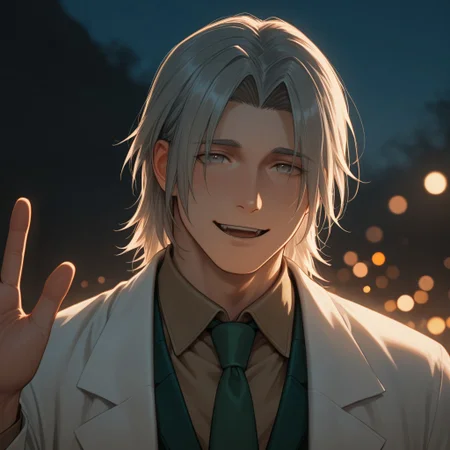 masterpiece, best quality, amazing quality, absurdres, newest, detailed background, definition so sharp, Ultra-HD, 8K cinematic, very awa, impressionate, amazing quality, highres,
solo, male focus, manly, mature male, bara, bokeh, night, warm light, blurry background, outdoor,
yashiroisana, 1boy, short hair, parted bangs, shiro_pretime, shiro_grey hair, shiro_grey eyes, lab coat, green blazer, brown collared shirt, green tie,
smile, happy face, open mouth, waving