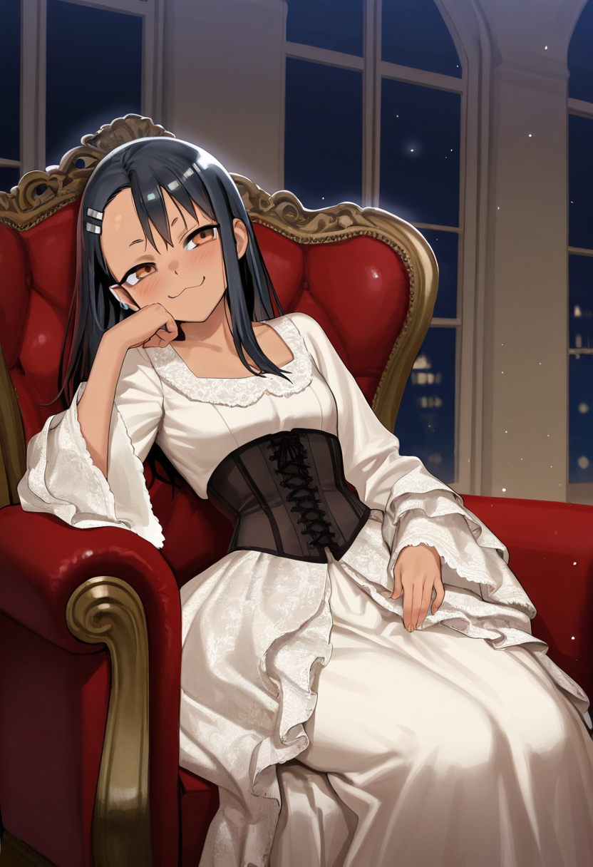 nagatoro, masterpiece, best quality, amazing quality, ultra detailed, solo, 1girl, adult, long dress, wide sleeves, ornate dress, corset, victorian dress, sitting, armchair, brocade, reclining, leaning on side, chin down proud, indoors, night, particles, cowboy shot,
