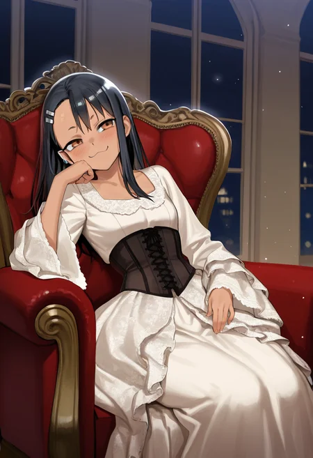 nagatoro, masterpiece, best quality, amazing quality, ultra detailed, solo, 1girl, adult, long dress, wide sleeves, ornate dress, corset, victorian dress, sitting, armchair, brocade, reclining, leaning on side, chin down proud, indoors, night, particles, cowboy shot,