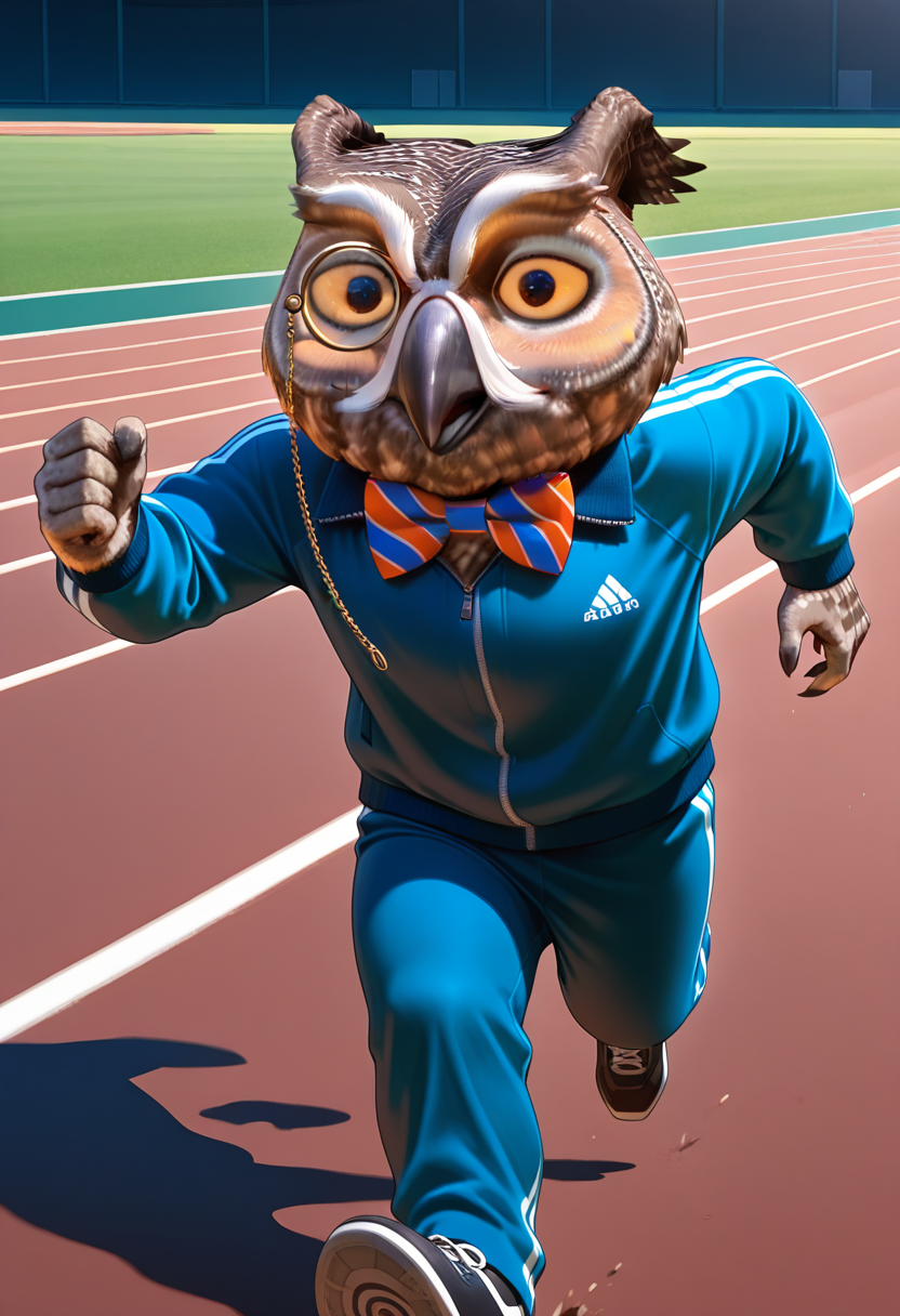 masterpiece, best quality, amazing quality, newest, high quality BREAK NigelOWL, 1boy, owl, beak, bird, furry male, animal focus, short, monocle, tracksuit, colorful bowtie, feathers, outdoors, track court, black shoes, running, arms outstretched <lora:Nigel_the_Owl_Xyzal_Mascot:.9>
