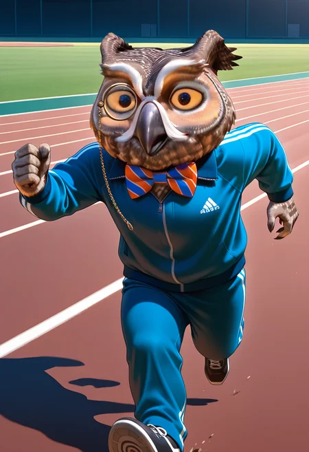 masterpiece, best quality, amazing quality, newest, high quality BREAK NigelOWL, 1boy, owl, beak, bird, furry male, animal focus, short, monocle, tracksuit, colorful bowtie, feathers, outdoors, track court, black shoes, running, arms outstretched <lora:Nigel_the_Owl_Xyzal_Mascot:.9>