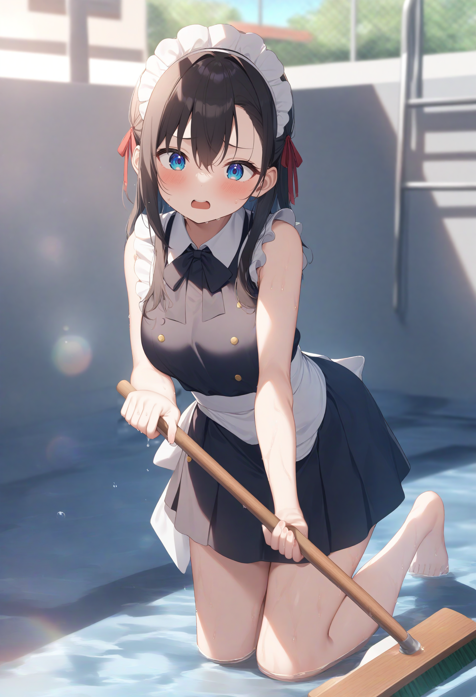 1girl,sincos, ningen mame, toosaka asagi,solo,large breasts,20yo,maid,maid headdress,sleeveless,miniskirt,  standing, barefoot,
empty pool,<lora:emptypool_XL_v1:0.8>
pool, water, day, outdoors, wet, sky, broom, holding hose,
sunlight, wet clothes, spraying, water drop, splashing, lens flare, cleaning brush, cleaning, soaking feet, wet hair, sweatdrop, puddle,
best quality, very aesthetic, absurdres