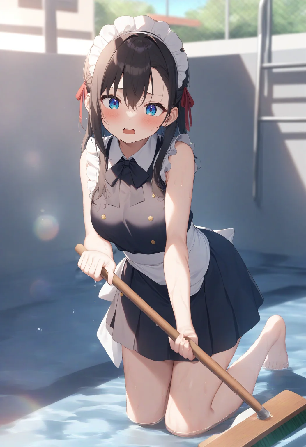 1girl,sincos, ningen mame, toosaka asagi,solo,large breasts,20yo,maid,maid headdress,sleeveless,miniskirt, standing, barefoot,
empty pool,<lora:emptypool_XL_v1:0.8>
pool, water, day, outdoors, wet, sky, broom, holding hose,
sunlight, wet clothes, spraying, water drop, splashing, lens flare, cleaning brush, cleaning, soaking feet, wet hair, sweatdrop, puddle,
best quality, very aesthetic, absurdres