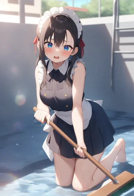 1girl,sincos, ningen mame, toosaka asagi,solo,large breasts,20yo,maid,maid headdress,sleeveless,miniskirt,  standing, barefoot,
empty pool,<lora:emptypool_XL_v1:0.8>
pool, water, day, outdoors, wet, sky, broom, holding hose,
sunlight, wet clothes, spraying, water drop, splashing, lens flare, cleaning brush, cleaning, soaking feet, wet hair, sweatdrop, puddle,
best quality, very aesthetic, absurdres
