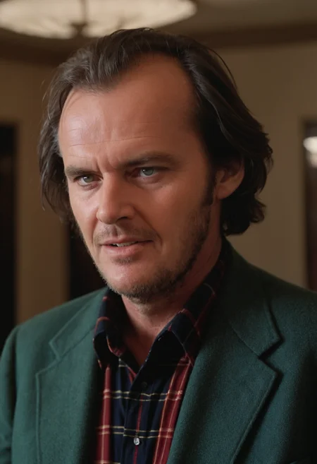 Jack Torrance, closeup, CineShining, indoors, Overlook Hotel, office, highly detailed, 4K, (stylish grainy analog 35mm film photo)