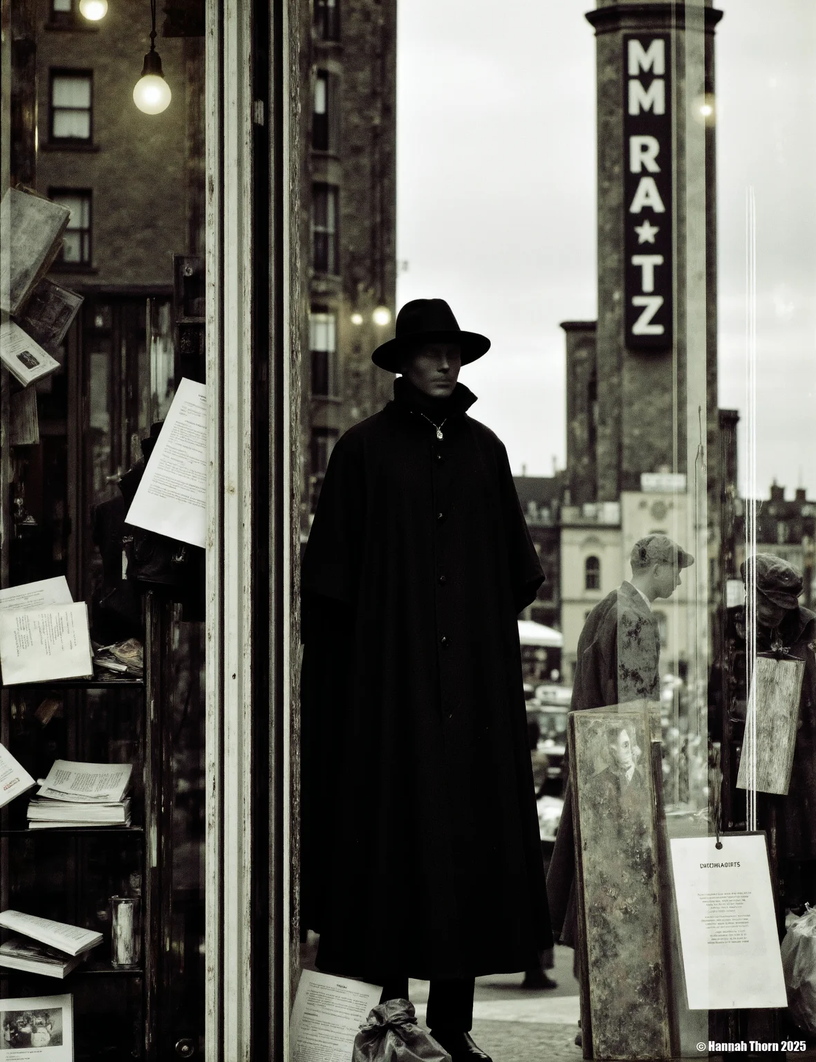 A black and white photograph of a mannequin wearing a hat and cloak, standing in a store window, casting a shadow over the scene. the man is positioned in the middle of the image, partially obscured by a hat, and appears to be a mystery figure. the store window is filled with various items such as books, papers, and bags, as well as a few lightbulbs hanging from the ceiling. in the background, there is a brick building with a tall tower and a sign that reads "miratz." the image is framed by a clear glass window, with the reflection of the man and the items in the window creating a sense of depth and dimension. the overall mood is eerie and mysterious, with a focus on the man's figure and the surrounding environment.<lora:_Flux\Saul_Leiter_Streetphotography.safetensors:1.0:1.0>