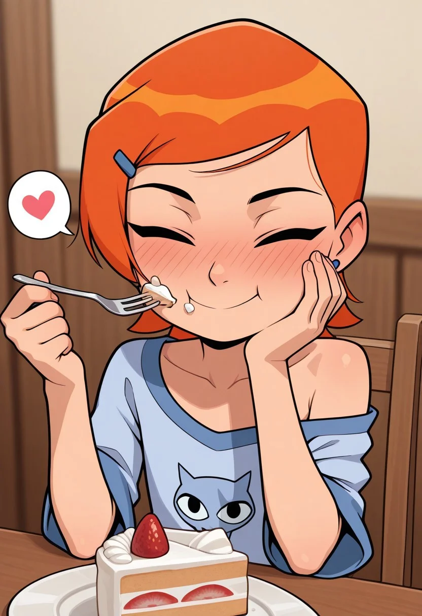 masterpiece, best quality, amazing quality, very aesthetic, high resolution, ultra-detailed, absurdres, newest,
Gwendolyn_Tennyson,1girl, solo, blushing, on a date, beautiful, off shoulder, collarbone,
<lora:GwenTen-Illus-13:1>
indoor, depth of field, table, cake, sitting, chair, closed eyes, hand on own face, smile, holding fork, eating, spoken heart
