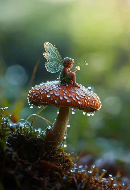 Macro photography of a tiny fairy sitting on a mushroom. Dew drops reflect the morning light OverallDetail