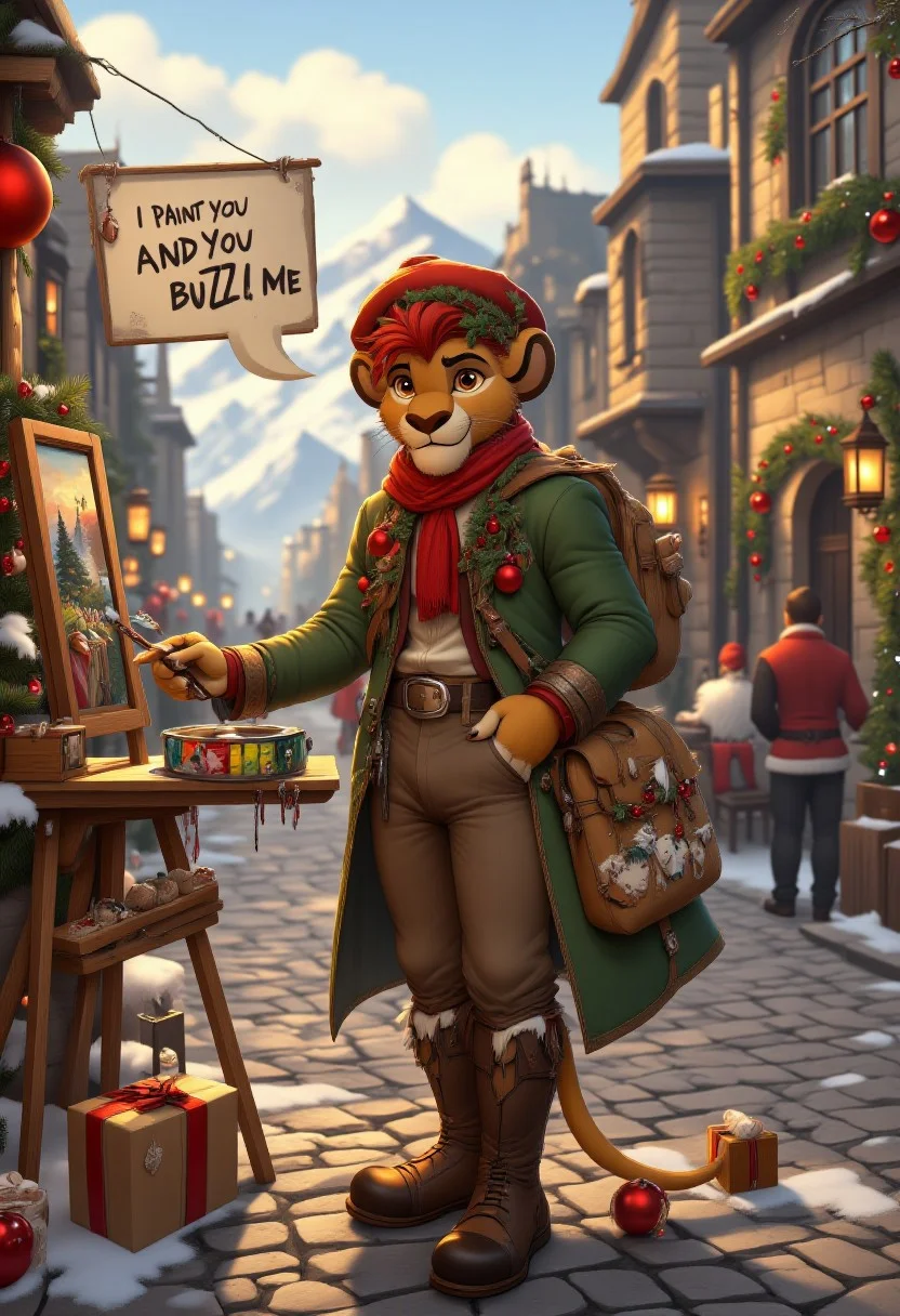 Realistic digital picture of handsome antropomorphic lion boy Kion, dressed in Christmas decorated and extravagant warm winter clothes and (((a french beret))) on his head, stands on a cobblestone street in old town by a painting stand like a wandering painter, offering to paint people's portraits for a fee. In one hand he holds an empty donation tray and in the other a painting brushes with dripping paint. A text bubble reads "I paint you and you buzz me." 
aidmatextimprover