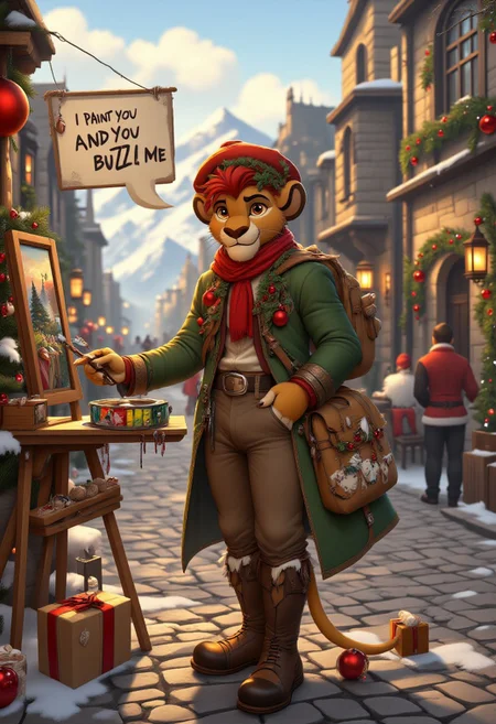 Realistic digital picture of handsome antropomorphic lion boy Kion, dressed in Christmas decorated and extravagant warm winter clothes and (((a french beret))) on his head, stands on a cobblestone street in old town by a painting stand like a wandering painter, offering to paint people's portraits for a fee. In one hand he holds an empty donation tray and in the other a painting brushes with dripping paint. A text bubble reads "I paint you and you buzz me." 
aidmatextimprover