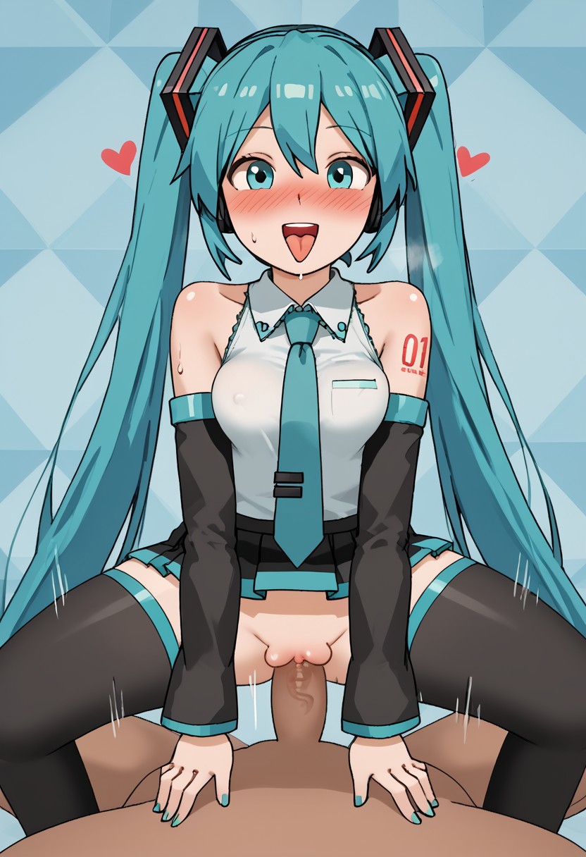 score_4,score_5,score_6,score_7_up,score_8_up,score_9 ((masterpiece,best quality,ultra detailed,highres,HD,4k:1.2)), 
chibi,fullbody,
Colorful background,
1 girl,1boy,hetero,pov,solo forcus,girl forcus, perfect penis,perfect nipples,perfect pussy, nsfw,Expressive,sex,straddling,cawgirl,cawgirl sex, blush,smile,open mouth,
 hatsune miku,absurdly long hair,aqua hair,twintails,hair ornament,sidelocks,hair between eyes,parted bangs, aqua eyes,
white shirt,collared shirt,bare shoulders,sleeveless shirt,aqua necktie,detached sleeves,black sleeves,shoulder tattoo,fringe,black thighhighs,miniskirt,pleated skirt,zettai ryouiki,thigh boots,
((open mouth,Sticking out tongue,blush,arousal, orgasmic arousal, sweat, steam,heart,heart effect)) ((motion blur, motion lines:1.2))