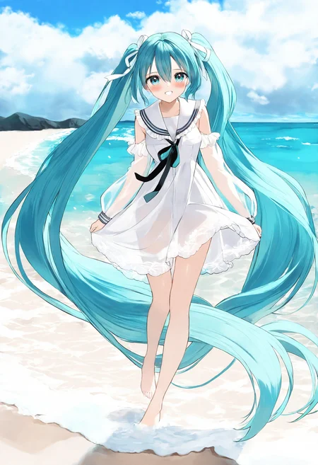 <lora:penta1_noob1.1-000139:0.9>,
1girl, hatsune miku, very long hair, solo, dress, twintails, long hair, absurdly long hair, outdoors, cloud, ribbon, sky, white dress, ocean, see-through, full body, blush, looking at viewer, aqua hair, day, sailor collar, beach, see-through sleeves, aqua eyes, blue sky, hair between eyes, long sleeves, water, detached sleeves, frills, hair ribbon, sailor dress, black ribbon, parted lips, see-through dress, barefoot, neck ribbon, standing, cloudy sky, white sailor collar, white ribbon, smile,
masterpiece,best quality,newest,absurdres,highres,very awa,