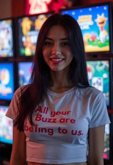 UHD, movie still, photograph, half-body portrait of a smiling beautiful 20-year old busty Japanese woman wearing a low cut white T-shirt with red writing that says "All your Buzz are belong to us", in background many monitors showing 80s video games, cinematic realism, high action pose, perfect pupils, insanely detailed faces, correct digits, realistic skin, intricately detailed filthy place, film grain, HD, 8k, volumetric lighting, clear -dark, smoky, dimly lit, hair backlight, ear backlight, volumetric lighting, perfect eyes, perfect pupils, expressive eyes