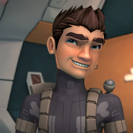 Solo, 1boy, Male focus, Smiling Finn, Brown Hair, Earrings, Short Hair, Blue Eyes, Stubble, Grin, Bodysuit, Bulge