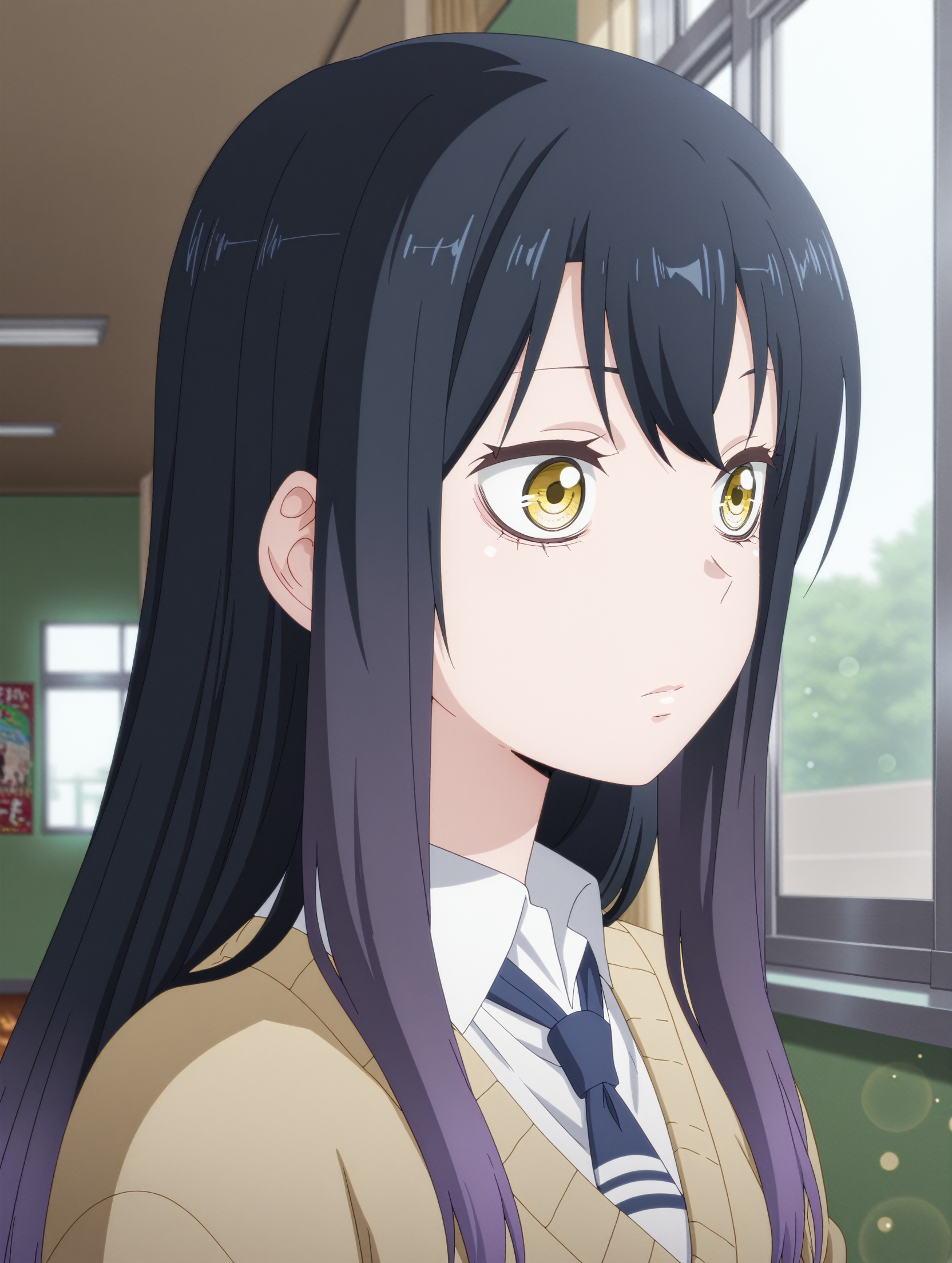 <lora:Miko_Illustrious:1> yotsuya_miko,
masterpiece, best quality, amazing quality, detailed, anime coloring, MikYotsub_LW, anime screenshot, black hair, long hair, yellow eyes, gradient hair, purple hair, 1girl, solo, 
school uniform, necktie, white shirt, beige sweater, portrait,   indoors, window,upper body, three quarter view, day, solo focus,
school hallway,green wall, poster, bokeh,  blurry background,