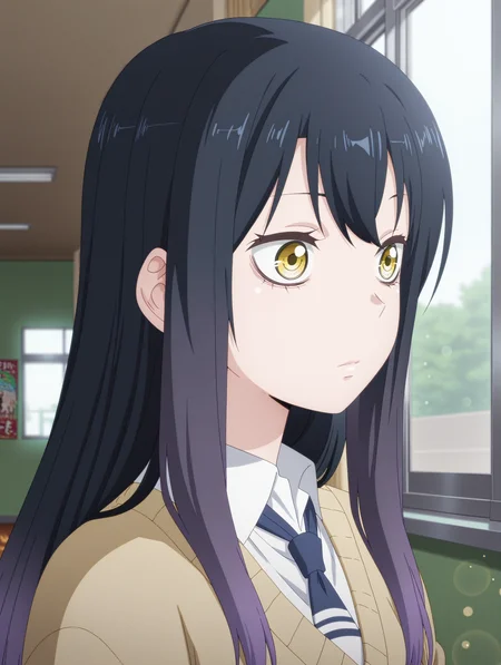 <lora:Miko_Illustrious:1> yotsuya_miko,
masterpiece, best quality, amazing quality, detailed, anime coloring, MikYotsub_LW, anime screenshot, black hair, long hair, yellow eyes, gradient hair, purple hair, 1girl, solo,
school uniform, necktie, white shirt, beige sweater, portrait, indoors, window,upper body, three quarter view, day, solo focus,
school hallway,green wall, poster, bokeh, blurry background,