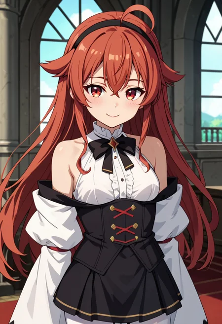 score_9, score_8_up, score_7_up,Eris_Greyrat, red_eyes, red_hair, ahoge, hair_between_eyes, hair_flaps, small_breasts, bare_shoulders, black_hairband, black_bow, white_shirt, white_dress, wide_sleeves, brown_skirt, white_pantyhose,indoors, castle, windy,strong winds, shirt tug,slight smile, anime screencap