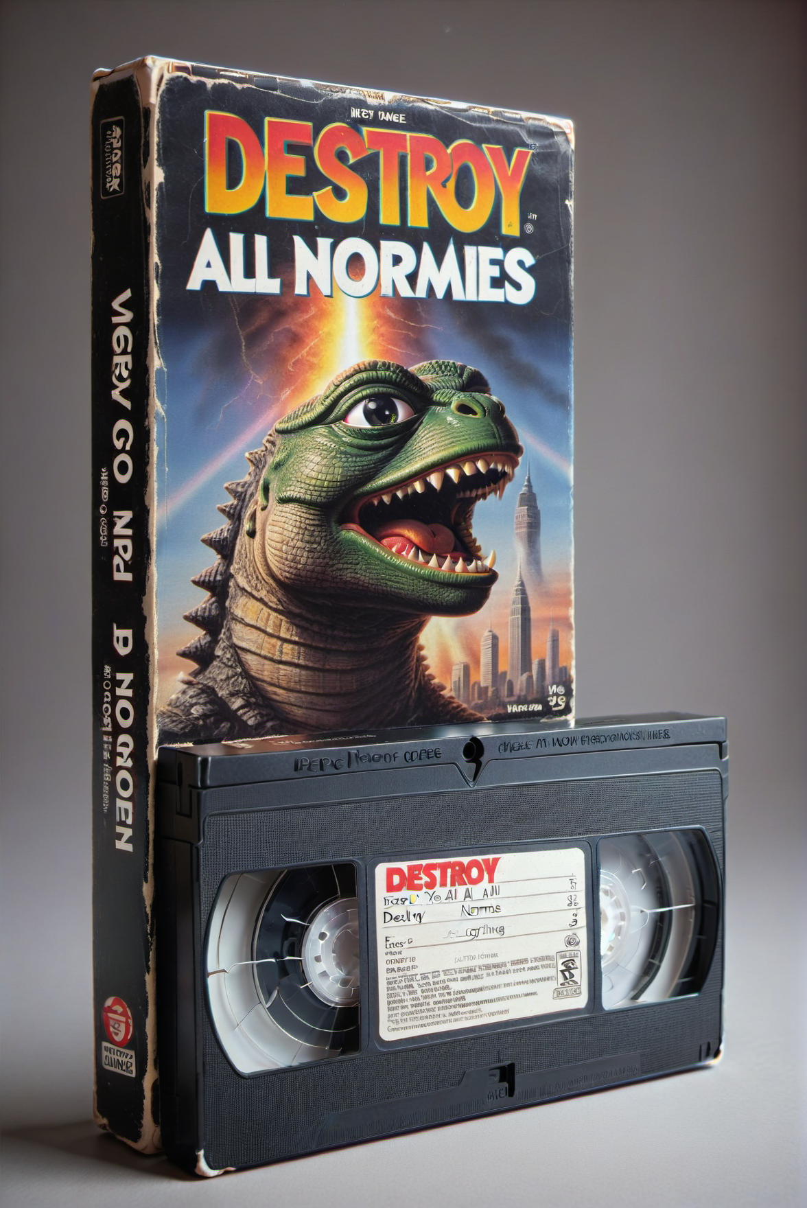 VHS tape, movie called "Destroy All Normies":1.5 , about a gigantic pepe Godzilla, shooting laser beam from mouth, city skyline, breathing fire
<lora:VHS_package:0.7> <lora:pepe_frog SDXL:1>, pepe_frog