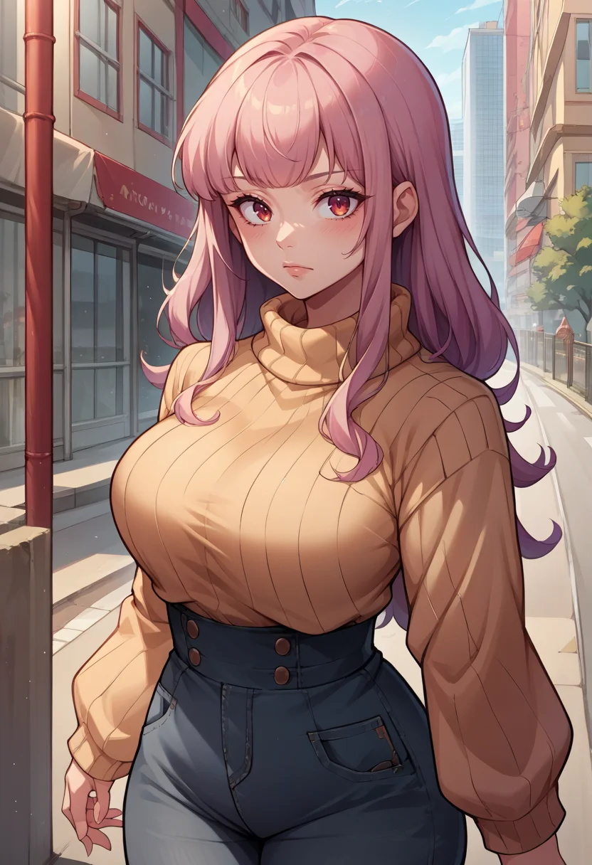 score_9, score_8_up, source_anime, 1girl, solo, MoriCalliope, long hair, large breasts, sweater, ribbed sweater, long sleeves, high-waist pants, outdoors, city, <lora:CHAR-MoriCalliopePonyXL:1>
