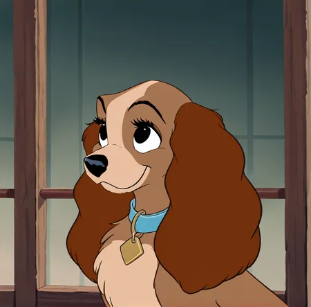 masterpiece, 4k, absurd res, detailed, highest quality, <lora:lattladyillustrious:1>, cocker spaniel, 1girl, solo, smile, brown hair, closed mouth, upper body, black eyes, collar, domestic dog, lady \(ladyandthetramp\), dog ear, animal nose, dog, no humans