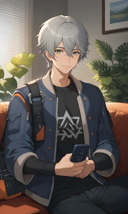 score_9, score_8_up, score_7_up, masterpiece, best quality, lots of details, close-up, ((1boy)), Wise, black shirt, gray-green eyes, dark pants, shoulder black bag for phone, black sleeves, grey hair, jacket, solo, light smile, male focus, sitting, on black couch, looking at viewer, shaded, detailed shading, detailed skin, shaded skin, realistic shading, Expressiveh, countershading:1.1, living room, indoors, computer, indoor plant, <lora:add-detail-xl:0.7>, <lora:Smooth Anime 2 Style SDXL_LoRA_Pony Diffusion V6 XL:0.8>, <lora:Expressive_H:0.7>, <lora:Wise_XL_V10_OPT:0.9>