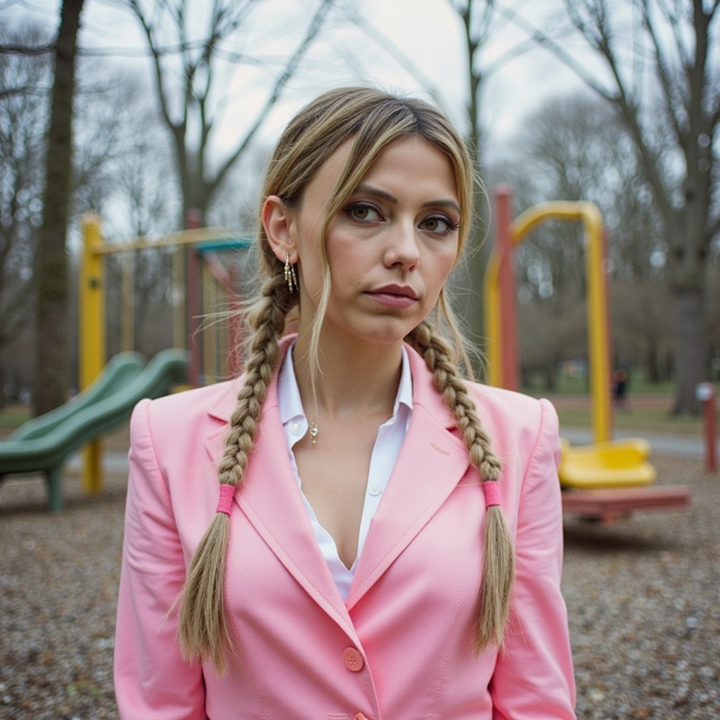 analog film photo watercolor painting ethereal fantasy concept art of  surrealist art analog photography, analog photo, a stunning woman in an eerie abandoned playground in the background, she's wearing a pink women's suit, braided hair, a white blouse and a pink headlace. A candid, close up shot <lora:Riley_Voelkel:1> rileyv . dreamlike, mysterious, provocative, symbolic, intricate, detailed, magnificent, celestial, ethereal, painterly, epic, majestic, magical, fantasy art, cover art, dreamy . vibrant, beautiful, painterly, detailed, textural, artistic, RAW candid cinema, 16mm, color graded portra 400 film, remarkable color, ultra realistic, textured skin, remarkable detailed pupils, realistic dull skin noise, visible skin detail, skin fuzz, dry skin, shot with cinematic camera . faded film, desaturated, 35mm photo, grainy, vignette, vintage, Kodachrome, Lomography, stained, highly detailed, found footage