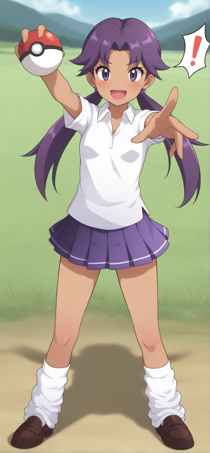 2d, masterpiece, best quality, amazing quality, 1girl, solo, close-up, standing, open mouth, smile, exclamation mark, stretched arm, full body,holding pokeball, looking at viewer, meadow, day,  lassgsc, lass \(pokemon gsc\), purple eyes, purple hair, long hair, low twintails, dark-skinned female, white shirt, collared shirt, purple skirt, pleated skirt, miniskirt, loose socks, white socks, loafers, brown footwear