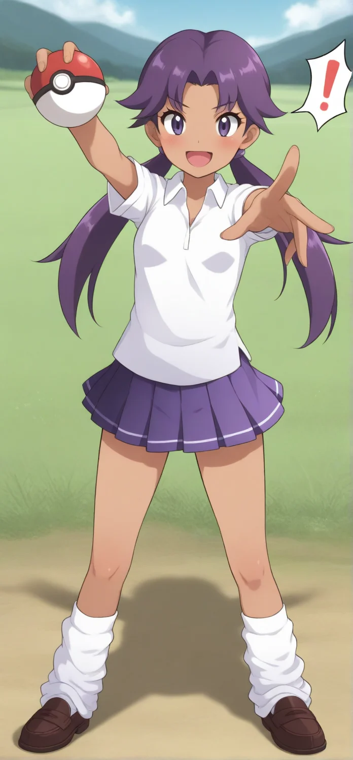 2d, masterpiece, best quality, amazing quality, 1girl, solo, close-up, standing, open mouth, smile, exclamation mark, stretched arm, full body,holding pokeball, looking at viewer, meadow, day, lassgsc, lass \(pokemon gsc\), purple eyes, purple hair, long hair, low twintails, dark-skinned female, white shirt, collared shirt, purple skirt, pleated skirt, miniskirt, loose socks, white socks, loafers, brown footwear