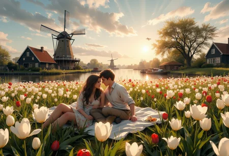 A captivating photograph of the Dutch countryside at golden hour, featuring a serene tulip field in the foreground where pristine white tulips dominate, interspersed with vibrant red tulips arranged in the shape of a heart. At the center of this heart, a young couple enjoys a romantic picnic, lying on a soft blanket and leaning into each other, their expressions radiating love and contentment. The soft, golden light bathes the scene, casting gentle shadows that accentuate the delicate textures of the tulip petals and lush green stems. Beyond the field, a tranquil body of water reflects the warm hues of the sky and surrounding landscape, adding depth and serenity. On the far bank, a traditional windmill with weathered wooden panels and slowly turning blades stands as a timeless centerpiece, accompanied by a charming red-roofed cottage nestled among leafy trees. The sky above glows in soft shades of blue and peach, with wispy clouds catching the last rays of sunlight, creating an atmosphere of quiet romance and nostalgia. The harmonious composition of natural beauty and tender human connection evokes feelings of love and serenity. Tags: romantic lighting, golden hour photography, serene countryside.