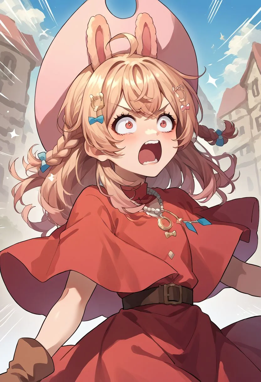 score_9, score_8_up, source_anime, PippaPipkin, long hair, braid, ahoge, hair ornament, hair bow, necklace, red dress, capelet, brown gloves, belt, skirt, cowboy hat, open mouth, shouting, upper teeth only