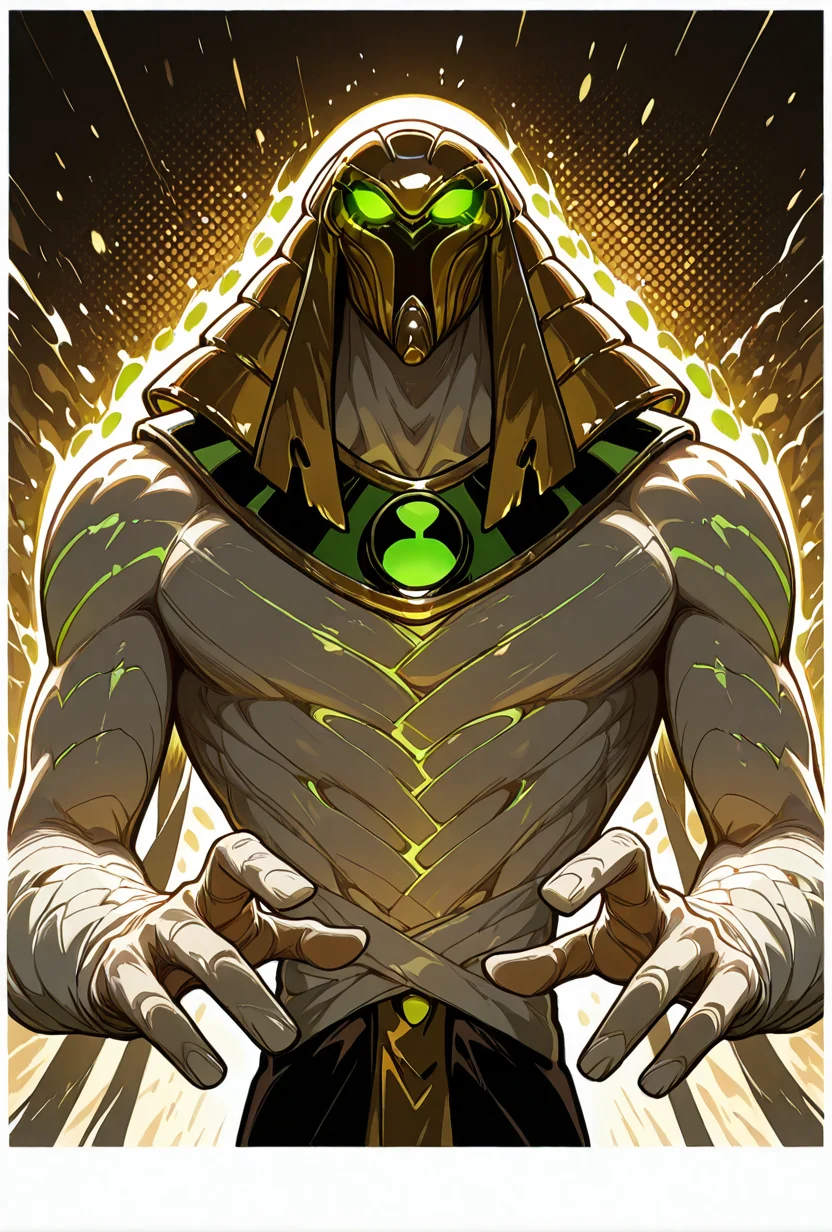 <lora:snareoh-07:1> snareoh, solo, male focus, no humans, 1boy, glowing eyes, green eyes, brown helmet, monster, mask, egyptian clothes,mummy bandages, mummy, massive hands,  Cartoon, masterpiece, best quality, amazing quality, very aesthetic, absurdres, newest,, upper body, halftone effect, white borders, abstract background:1.2,