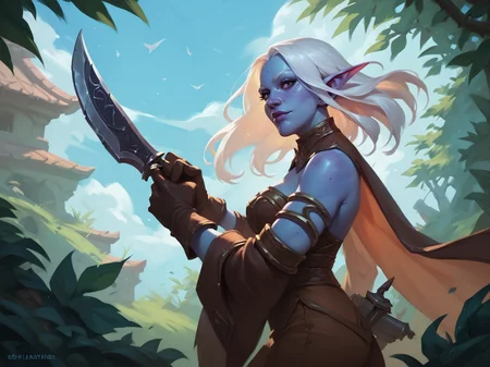 adult woman, looking at viewer, white hair, wide sleeves, alternate costume, armlet, brown pants, blue skin, gloves, holding knife, detached collar, from side, outdoors, <lora:HearthstoneMerge2:0.8>, score_9, score_8_up, score_7_up, score_6_up