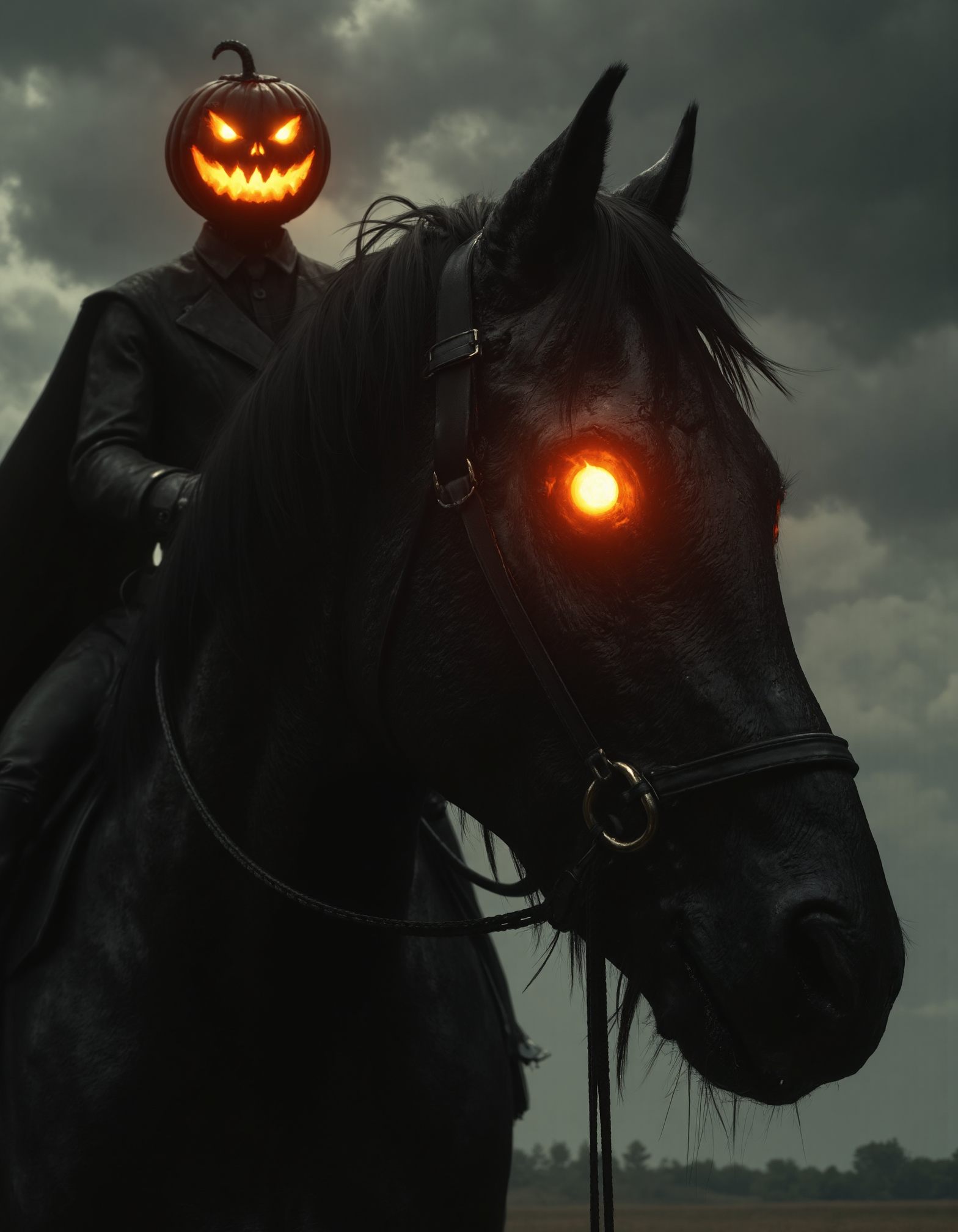 zavy-hdlsshrsmn, mysterious photoshoot of close-up view of headless rider on a horse with a glowing presence, photorealistic depiction, high quality cinematic shot, halloween style