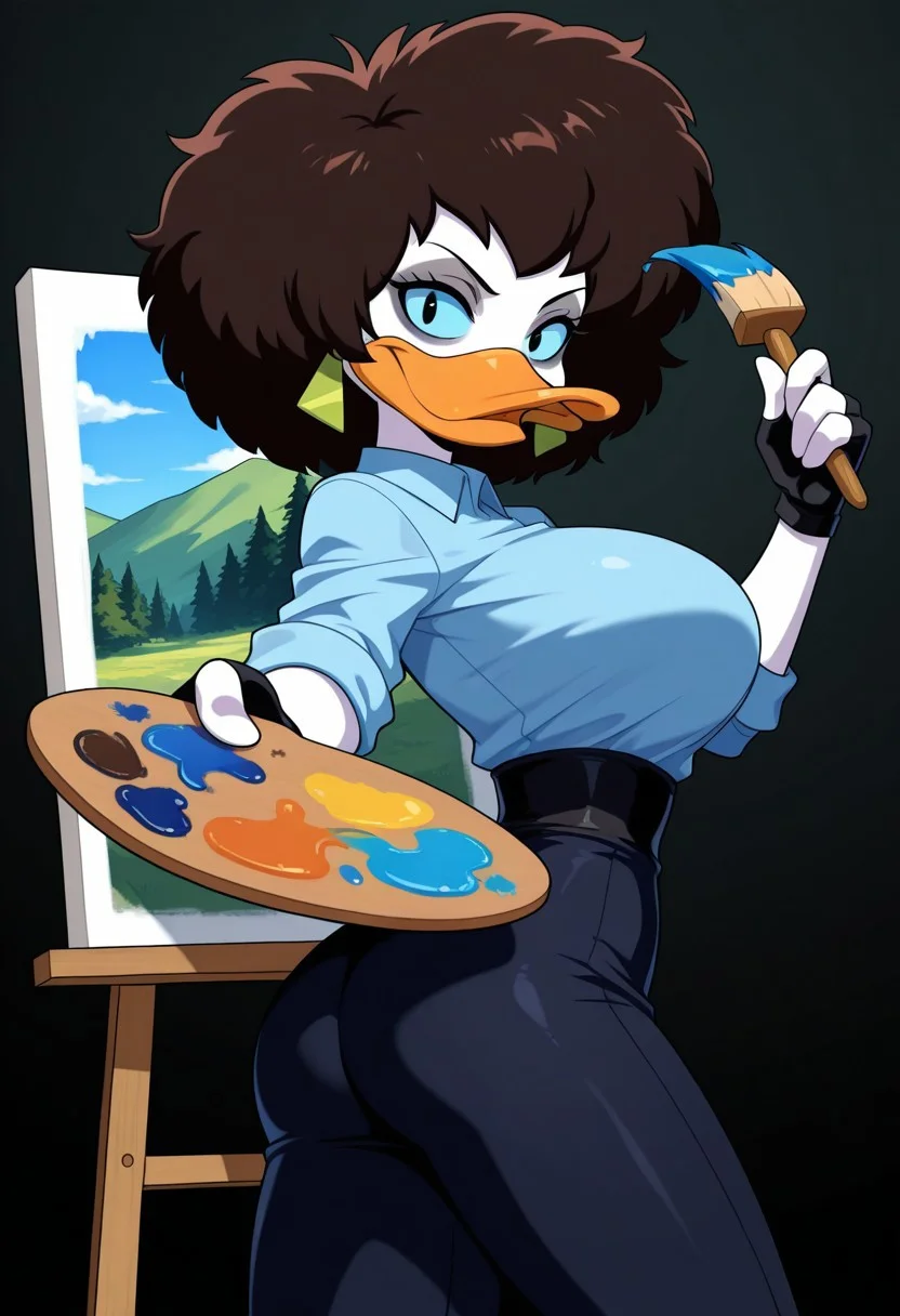 score_9,score_8_up,score_7_up,score_6_up,best quality,masterpiece, (black background),
1girl, solo,(from behind:0.5), looking back, canvas, easal, painting landscape, painting of mountains,
BREAK
splatterphoenix, brown hair, afro, female furry, duck, earrings, fingerless gloves, black eyes, blue sclera, grey eye makeup, (blue collared shirt:1.4), large breasts, narrow waist, smile, looking at viewer, holding small paint brush, holding paint palette,