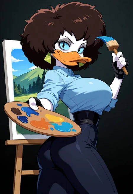 score_9,score_8_up,score_7_up,score_6_up,best quality,masterpiece, (black background),
1girl, solo,(from behind:0.5), looking back, canvas, easal, painting landscape, painting of mountains,
BREAK
splatterphoenix, brown hair, afro, female furry, duck, earrings, fingerless gloves, black eyes, blue sclera, grey eye makeup, (blue collared shirt:1.4), large breasts, narrow waist, smile, looking at viewer, holding small paint brush, holding paint palette,