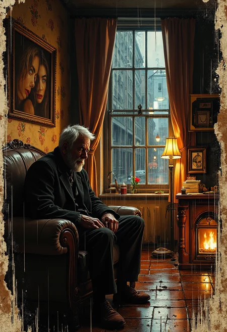 Jedcyb3r, Jedspl4tt, A dimly lit living room bathed in the golden glow of a dying fireplace, casting flickering shadows across the worn furniture. An aged man sits alone in a faded armchair, his weathered hands resting on his lap, his eyes lost in the haze of memory. (Faint, ghostly silhouettes of past lovers appear in the dim lightâsmiling faces that once brought warmth, now mere echoes of time:1.4). a heart-shaped ruby sits on the nearby table, next to a stack of aged letters tied with a frayed ribbon. The air is thick with nostalgia, the room filled with remnants of a life well-lived yet tinged with sorrow. The wallpaper peels slightly at the edges, old photographs line the mantle, their edges curled with age. Outside, a cold rain patters against the window, distorting the city lights into a blurred, melancholic glow. The weight of love lost lingers in the air, heavy yet beautiful in its quiet solitude.