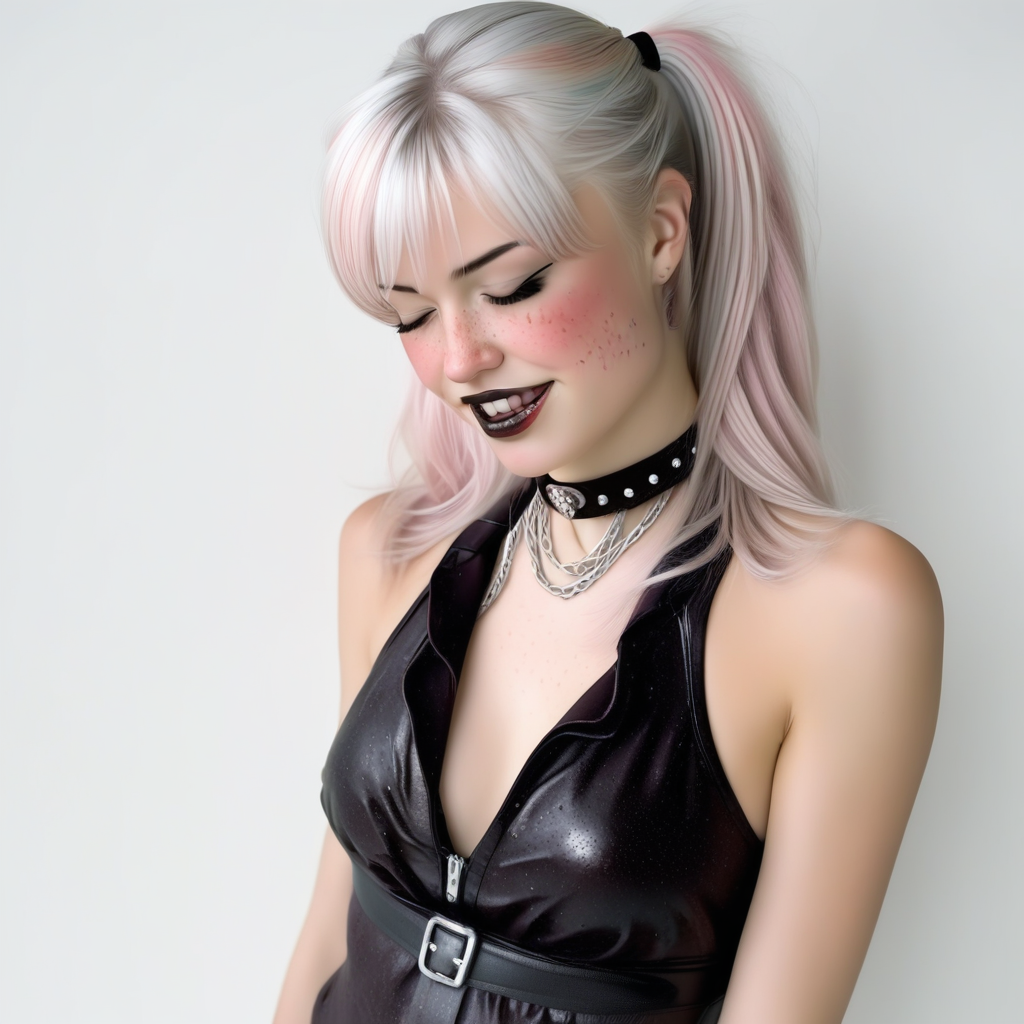 nipples implied, eyes closed, fashion:punk style, standing, blush on cheeks, sparkly top, makeup subtle, slightly open mouth, eyes looking down, skin fair, frontal body view, playful hairstyle, black leather dress, neutral background, pigtails, eyes looking forward, modern decor, arm position:down, twin tails, confident smirk, no visible breasts, natural breasts, long nails, side-swept bangs, eyeliner winged, natural body, light freckles, collar black leather, chin pointed, mouth closed