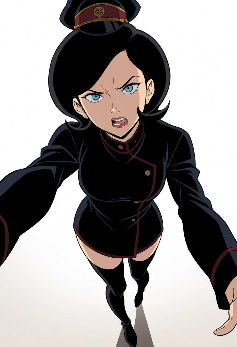 ray tracing, score_9, score_8_up, score_7_up, good shadows, ),<lora:add-detail-xl:-1>, ultra detailed, masterpiece, beautiful face, amazing quality, aesthetic, absurdres, perfect, perfection, ambient shadow, 1 girl, venture bros, best quality, dr girlfriend, black hair, hat, military uniform, black thigh highs, boots, blue eyes, annoyed, coming towards viewer, mouth open, hand in close view, detailed face, white background,