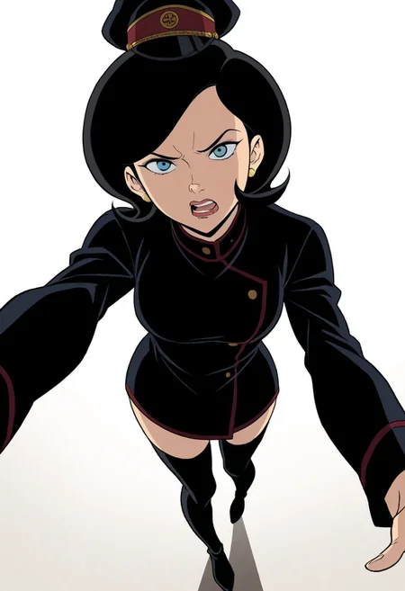 ray tracing, score_9, score_8_up, score_7_up, good shadows, ),<lora:add-detail-xl:-1>, ultra detailed, masterpiece, beautiful face, amazing quality, aesthetic, absurdres, perfect, perfection, ambient shadow, 1 girl, venture bros, best quality, dr girlfriend, black hair, hat, military uniform, black thigh highs, boots, blue eyes, annoyed, coming towards viewer, mouth open, hand in close view, detailed face, white background,