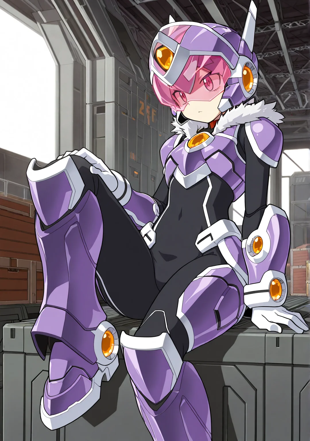 masterpiece,best quality,amazing quality, XOVER, robot armor, black bodysuit, helmet, wrist armor, shoulder armor, chest armor, waist armor, orange gem, leg armor, robot ears, white gloves, solo, purple armor, (translucent visor, pink visor), sitting, indoors, base, hangar, crates, futuristic, sci-fi