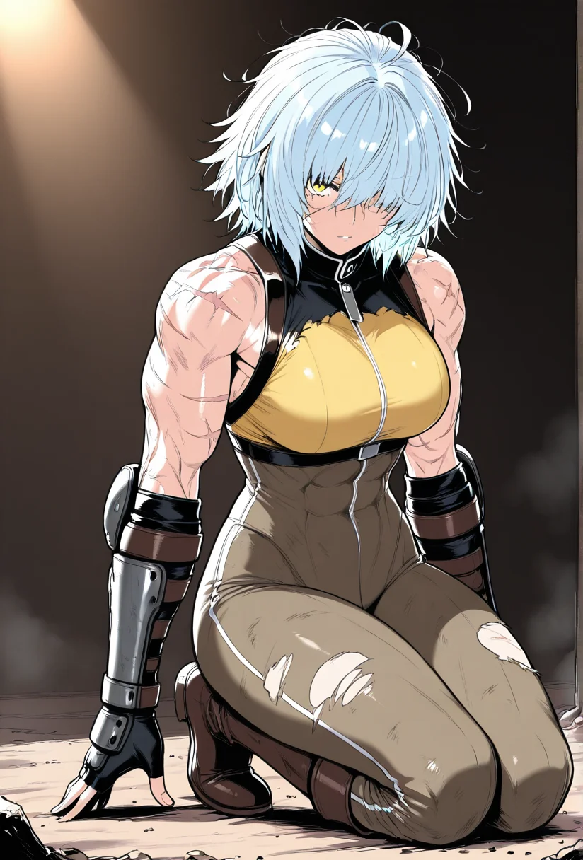 (masterpiece, best quality, ultra-detailed:1.4),
solo,1girl, (light blue hair:1.3), short messy hair, bangs,
(yellow eyes:1.5), (battle-worn expression:1.3), (scar over one eye:1.5), (intimidating aura:1.3),
(hair covering one eye:1.5), (bangs covering left eye:1.4), (left eye obscured by hair:1.4), (hair over eye:1.3),
(battle-hardened:1.4), (war veteran:1.3), (many scars:1.3), (visible wounds:1.2), (weathered face:1.2), (dirt and grime:1.2),
(toned arms:0.6), (muscle tension visible:0.3), (slim but athletic build:1.1), (strong female warrior:1.1),
(full body:1.3)ม
(dynamic lighting:1.3), (gritty, rough textures:1.2)
looking at viewer, (hair slightly messy:1.2), (torn and worn-out fighter outfit:1.2),
<lora:VioletV2:1>