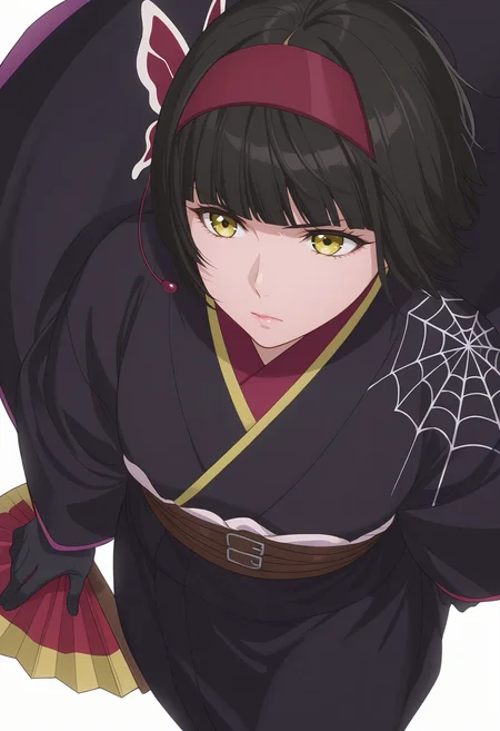 Smooth Quality,masterpiece, ultra realistic,
simple background, white background, 
from above,serious,wind, 
 <lora:MioCnn:0.8> Mio/Cnn, 1girl, short hair, bangs, japanese clothes, kimono, yellow eyes, hairband, blunt bangs, black gloves, black hair, spider web print,butterfly hair ornament,folding fan,
