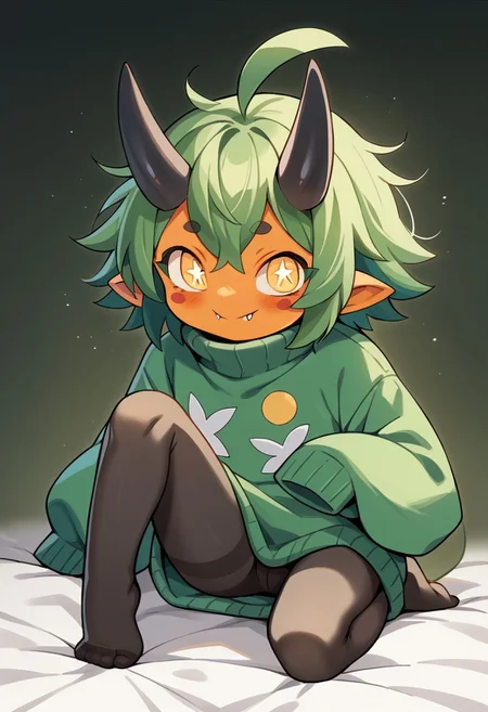 score_9, score_8_up, score_7_up, score_6_up, score_5_up, score_4_up, BREAK, source_cartoon, source_anime,
1girl, solo, (teal, green poncho, green dress, black pantyhose, ribbed tights, no shoes)
((sweater-dress)), (((pantyhose))), ((no-shoes)), ((messy-hair)), <lora:OgerXL-15:0.75> ogerpon, fangs, personification, green hair, messy hair, short hair, ahoge, black horns, blush stickers, yellow eyes, colored skin, orange skin, pointed ears, oni, little girl, flat chest