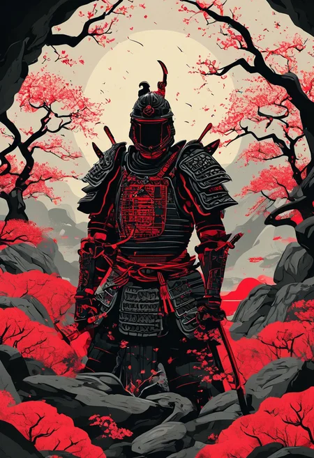 Japanese Samurai warrior in armor, zen garden, spring, sunshine, sakura, meditation, stream, rock garden,
black and red color palette, cybernetic design, futuristic elements, bold lines, flat colors, simple details, retro-futuristic vibe