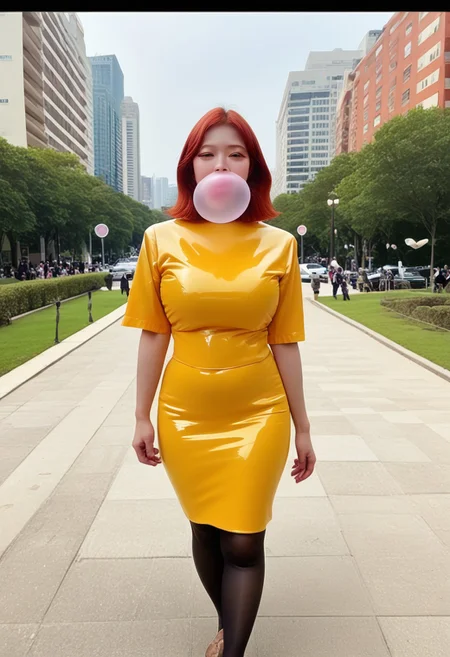 white skin, photo of an 22-year-old Korean idol,masterpiece, best quality,smiling, realistic,score_9, score_8_up, score_7_up, (full body shot), semi realistic,forehead, shot, (extra long thick luxurious shiny red-auburn hair),mature asian,milf, 
1girl, female, huge breasts, thick thighs, wide hips, horny, lips, korean_race_queenv2,gini_S2,Realisian-Neg, (yellow and black checkerboard skirt),(stiped yellow and red suit), (dark-purple latex shirt),pantyhose, parted bangs,manhwa milf, queen bee ami, lips (blowing clear large bubblegum), (walking through city park background)